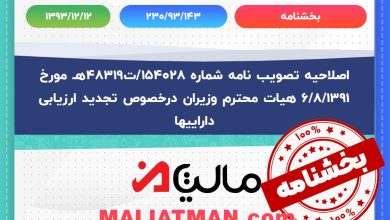اصلاحیه تصویب نامه شماره 154028/ت48319هـ مورخ 6/8/1391 هیات محترم وزیران درخصوص تجدید ارزیابی داراییها