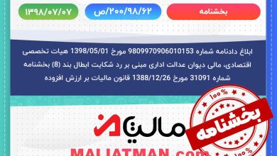 ابلاغ دادنامه شماره 9809970906010153 مورخ 1398/05/01 هیات تخصصی اقتصادی، مالی دیوان عدالت اداری مبنی بر رد شکایت ابطال بند (8) بخشنامه شماره 31091 مورخ 1388/12/26 قانون مالیات بر ارزش افزوده 4 ابلاغ دادنامه شماره 9809970906010153 مورخ 1398/05/01 هیات تخصصی اقتصادی، مالی دیوان عدالت اداری مبنی بر رد شکایت ابطال بند (8) بخشنامه شماره 31091 مورخ 1388/12/26 قانون مالیات بر ارزش افزوده
