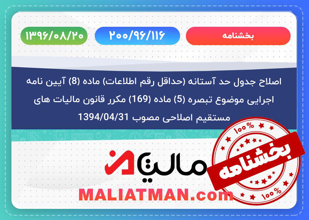 اصلاح جدول حد آستانه (حداقل رقم اطلاعات) ماده (8) آیین نامه اجرایی موضوع تبصره (5) ماده (169) مکرر قانون مالیاتهای مستقیم اصلاحی مصوب 1394/04/31