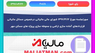 صورتجلسه مورخ 1397/04/12 شورای عالی مالیاتی درخصوص مسائل مالیاتی قراردادهای آماده سازی اراضی و محوطه سازی پروژه های مسکن مهر