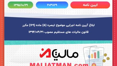 ابلاغ آیین نامه اجرایی موضوع تبصره (۵) ماده (۱۶۹) مکرر قانون مالیات های مستقیم مصوب 1394/04/31