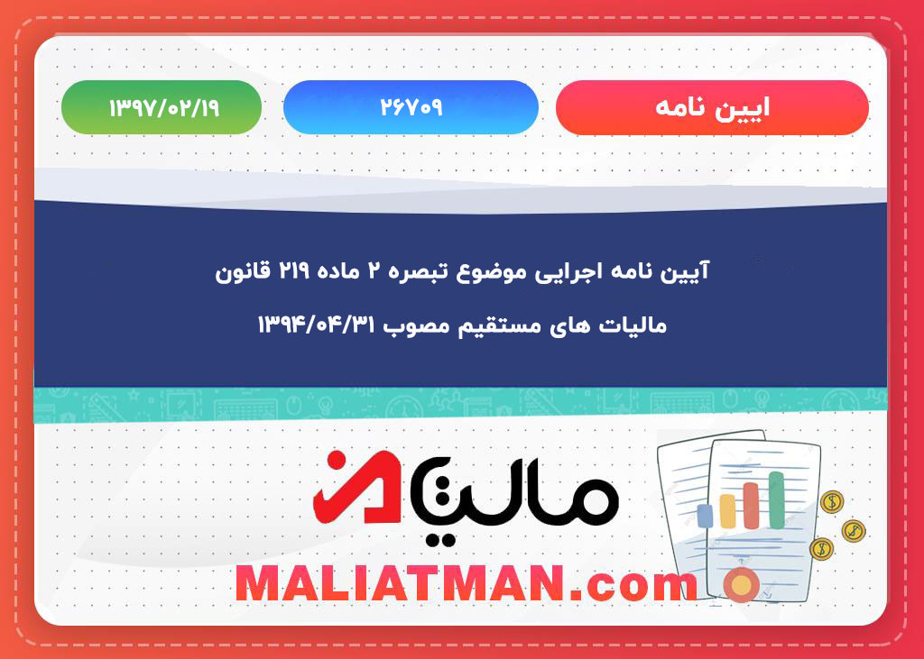 آیین نامه اجرایی موضوع تبصره ۲ ماده ۲۱۹ قانون مالیات های مستقیم مصوب 1394/04/31