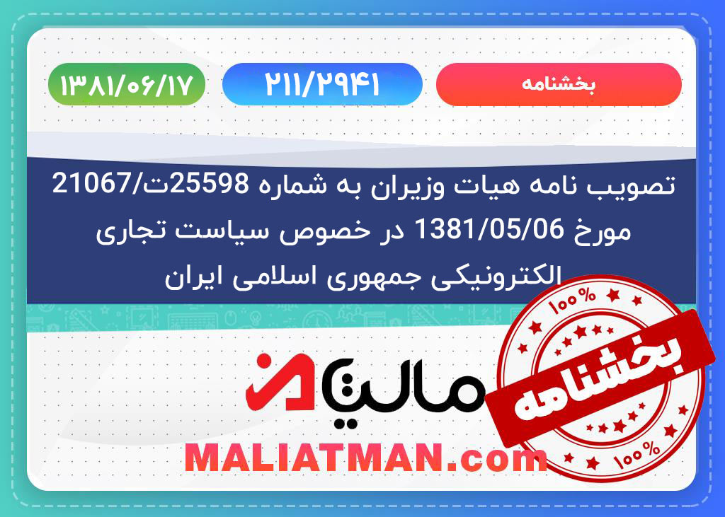 تصویب نامه هیات وزیران به شماره 25598ت/21067 مورخ 1381/5/6 در خصوص سیاست تجاری الکترونیکی جمهوری اسلامی ایران