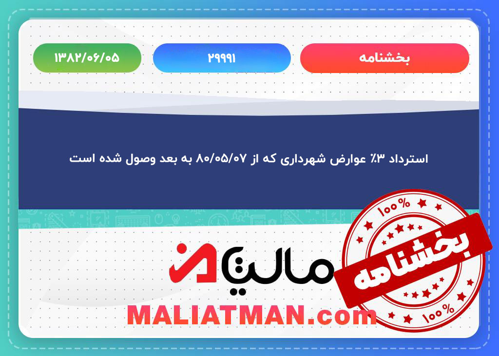 استرداد ۳% عوارض شهرداری که از ۸۰/۰۵/۰۷ به بعد وصول شده است