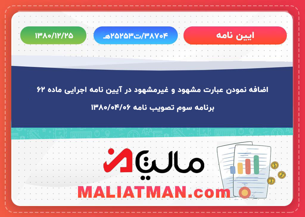 اضافه نمودن عبارت مشهود و غیرمشهود در آیین نامه اجرایی ماده 62 برنامه سوم تصویب نامه 1380/4/6
