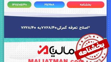 *اصلاح تعرفه گمرکی۷۷۲۸/۴۰به ۷۲۲۸/۴۰ 4 بخشنامه 211/1908 تاریخ بخشنامه 1381/05/30