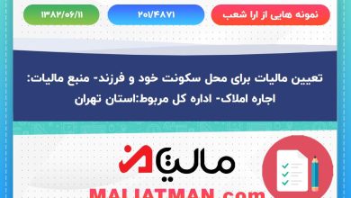 تعیین مالیات برای محل سکونت خود و فرزند- منبع مالیات: اجاره املاک- اداره کل مربوط:استان تهران 2 نمونه هایی از ارا شعب شماره 201/4871 تاریخ 1382/06/11