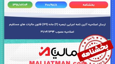 ارسال اصلاحیه آئین نامه اجرایی تبصره (۲) ماده (۱۶۹) قانون مالیات های مستقیم اصلاحیه مصوب ۱۳۹۴/۰۴/۳۱