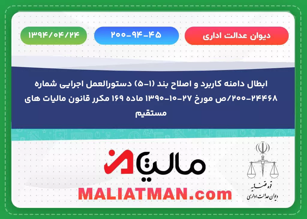 دیوان عدالت اداری شماره 200/94/45 تاریخ 1394/04/24