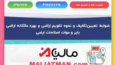 ضوابط تعیینتکلیف و نحوه تقویم اراضی و بهره مالکانه اراضی بایر و موات اصلاحات ارضی 3 تصویب نامه و تصمیم نامه شماره 46161/178796 تاریخ 1390/09/12