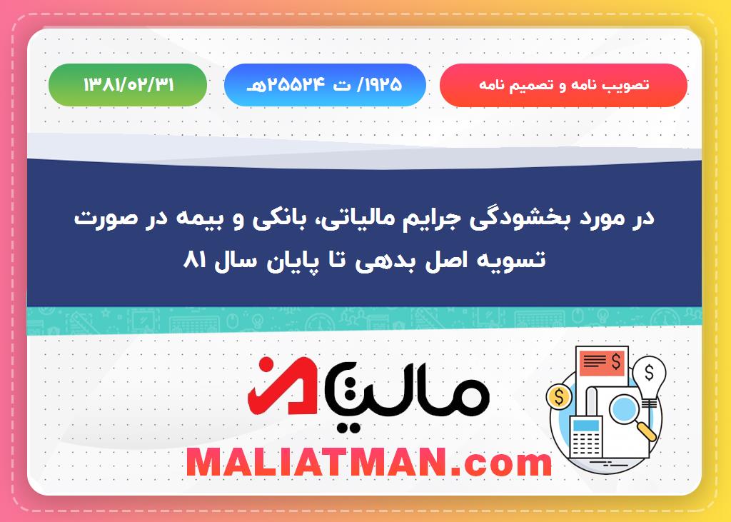 تصویب نامه و تصمیم نامه شماره 1925/ ت 25524هـ تاریخ 1381/02/31