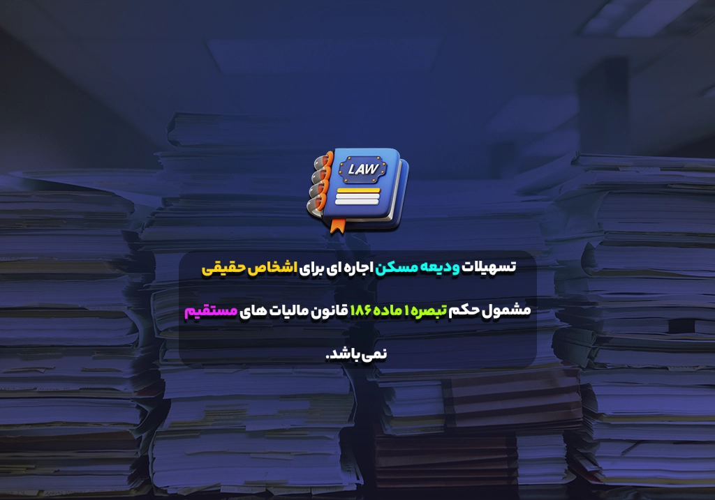 تسهیلات ودیعه مسکن اجاره ای برای اشخاص حقیقی مشمول حکم تبصره 1 ماده 186 قانون مالیات های مستقیم نمی باشد.