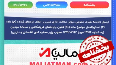 ارسال دادنامه هیات عمومی دیوان عدالت اداری مبنی بر ابطال جزءهای (ث) و (ح) ماده (۲) دستورالعمل موضوع ماده (۲۰) قانون پایانه‌‌های فروشگاهی و سامانه مودیان (به شماره ۲۹۷۱۶ مورخ ۱۳۹۹/۰۳/۱۳ مصوب وزیر محترم امور اقتصادی و دارایی)