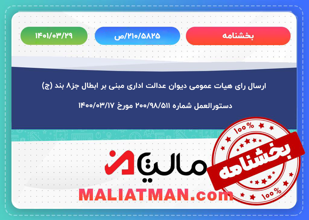 ارسال رای هیات عمومی دیوان عدالت اداری مبنی بر ابطال جز۸ بند (ج) دستورالعمل شماره ۲۰۰/۹۸/۵۱۱ مورخ۱۴۰۰/۳/۱۷